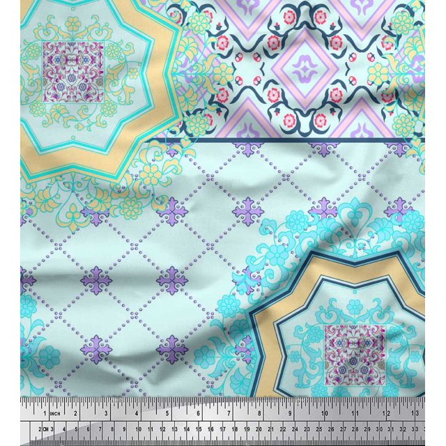 Soimoi Poly Georgette Fabric Check & Mandala Patchwork Decor Fabric Printed Yard 52 Inch Wide