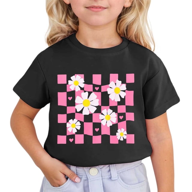 HNMKIU T-Shirt Mignon pour Filles à Col Rond Imprimé à Manches Courtes pour le Quotidien Haut Confortable et Stylé pour Enfants pour les Activités d'Été et les Sorties Décontractées