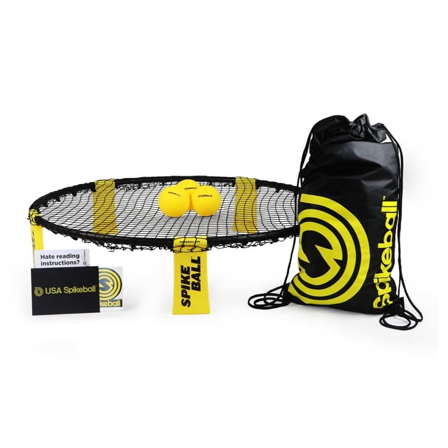 Spikeball Standard 3 Ball Set with a round black net supported by foldable yellow legs labeled 'SPIKE BALL,' two yellow Spikeball balls on the net, a black drawstring bag with a large yellow Spikeball logo, and instruction booklets, suitable for outdoor and backyard sports play.