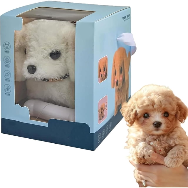 Chien Robot - Chiot Robot, Nico Mon Chiot Robot Réaliste, un Jouet en Peluche Électronique Interactif Conçu pour Imiter un Vrai Chien. le Produit Est Présenté dans Son Emballage, Fait d'Une Matière en Peluche Douce et à Haute Densité avec des Caractéristiques Réalistes. la Boîte Met en Valeur Sa Capacité à Marcher, Aboyer, Remuer la Queue et Répondre aux Touches et aux Commandes. une image Plus Petite Montre le Chiot Robot Tenu, Mettant l'Accent sur Sa Taille Compacte, Parfait pour les Voyages Ou les Amoureux des Animaux. un Excellent Cadeau
