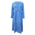 thumbnail image 2 of Sexy Dance Robe Longue pour Femmes, Décor de Boutons, Robes Maxi, Col en V, Plissée, Manches Longues, Bleu Pâle, S, 2 of 5