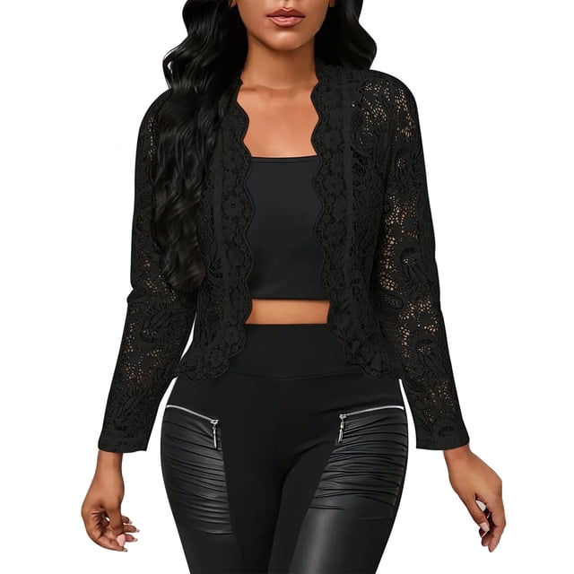 Pincandy Women's Sheer Lace Jacket Blazer Long Sleeve Open Front See Through Jackets