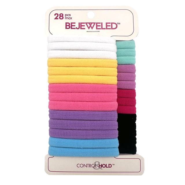 Bejeweled Nylon Hair Elastics 28 pcs with a front view of stacked nylon hair ties in white, yellow, pink, purple, blue, teal, magenta, and black, designed for gentle hair care and strong hold, ideal for securing hair without damage.