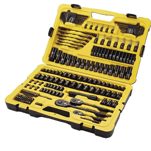 Stanley Ensemble de Douilles en Chrome Noir de Qualité Professionnelle, 183 Pcs, SAE/métrique Affichées dans un Étui de Rangement Jaune et Noir Ouvert. l'Ensemble Comprend une Variété de Douilles en Tailles Sae et Métrique, Cliquets, Rallonges, joints Universels et Autres Accessoires. la Finition Chrome Noire Offre une Durabilité et une Résistance à la corrosion. l'Étui Présente des Compartiments Étiquetés pour un Rangement Organisé.