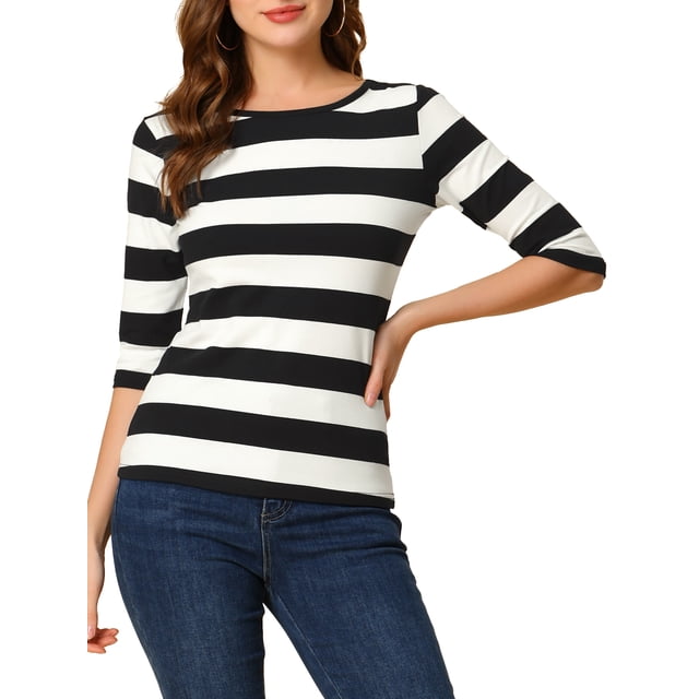 INSPIRE CHIC Hauts pour Femmes Non Doublés Col Rond Manches au Coude Coupe Ajustée T-Shirt Décontracté TG Noir