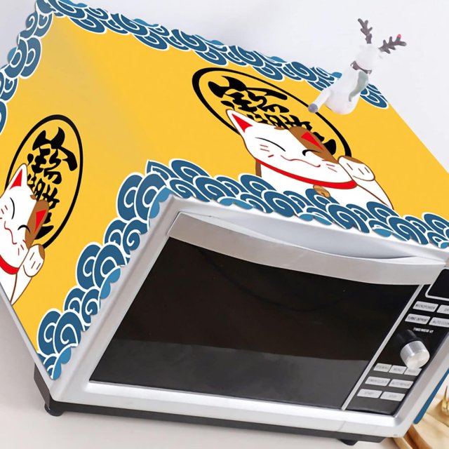 Microwave Oven Cover, Dustproof Cotton Machine Protector Anti-Dust Linen Fabric Microwave Dustproof Cloth Cover Decorative Kitchen Appliance Cover(Lucky Cat)