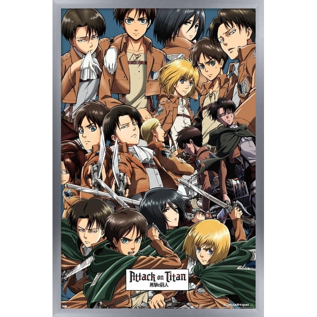 Attack on Titan - Affiche Murale Collage, 22,375 Po x 34 Po, Représentant Plusieurs Personnages d'Anime en Vestes de Corps d'Exploration Brunes et Capes Vertes Tenant des Épées dans une pose de Groupe Dynamique sur Fond Bleu, Imprimée sur Papier Lustré, Convient à l'Art Mural et à la Déco de Salle d'Anime.
