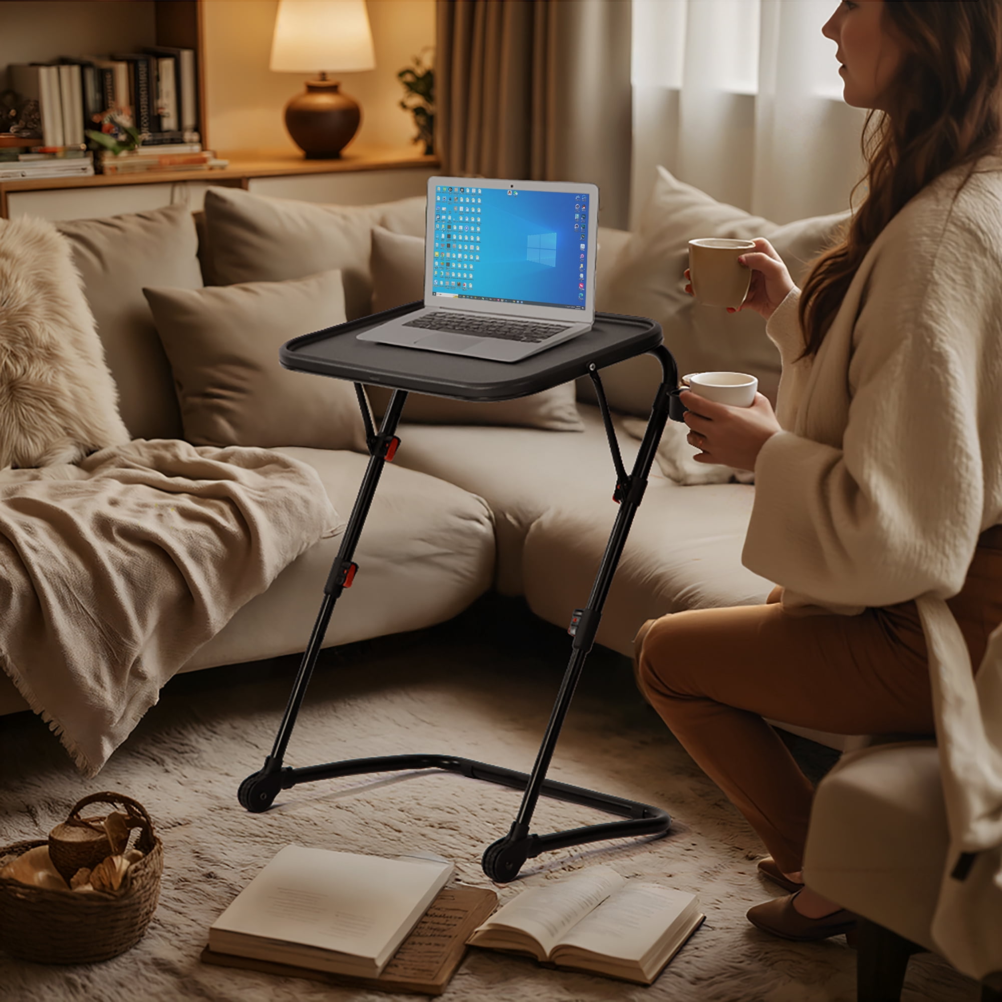 Bureau d'ordinateur pliable compact Homy Casa avec porte-gobelet et hauteur réglable, surface en polypropylène noir