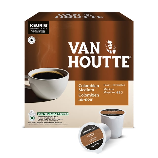 Van Houtte Colombian Medium, Medium Roast, K-Cup Coffee Pods box with a steaming cup of black coffee and two K-Cup pods in front, featuring brown and beige packaging compatible with all Keurig coffee makers and recyclable pods in select locations.