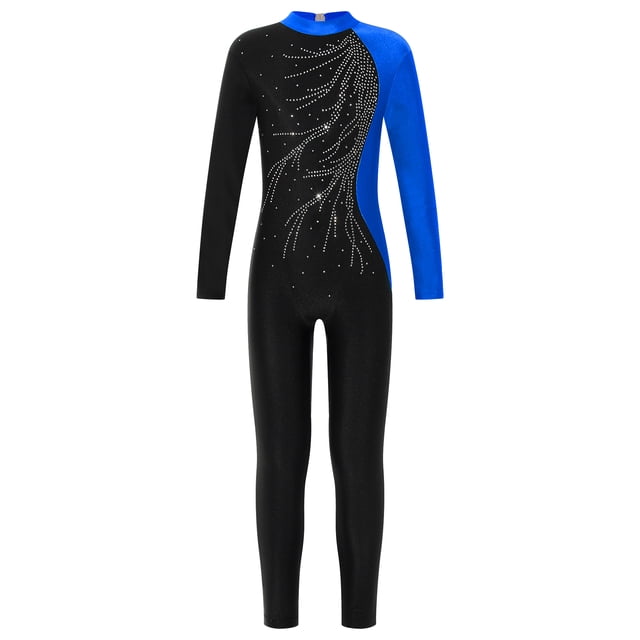 YONGHS Girls Long Sleeves Gymnastics Leotard Unitard Rhinestone Figure Skating Jumpsuit Bodysuit Blue 12