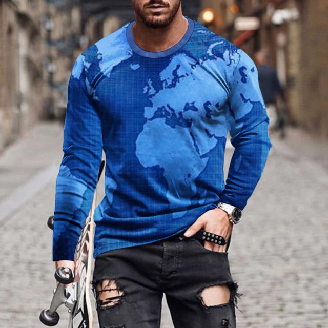 TIMIFIS Chemises pour Hommes Chemises à Manches Longues T-Shirt à Imprimé Graphique T-Shirt Décontracté à Col Rond Chandail Molletonné Haut-Bleu Foncé Automne