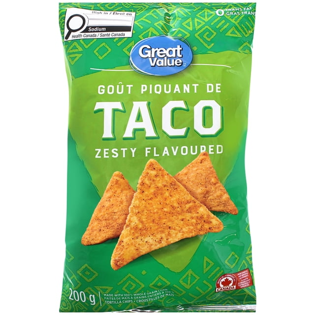 Great Value Taco Zesty Flavoured Tortilla Chips in a green 200 g bag featuring three triangular, seasoned whole grain corn chips, made in Canada with 0 trans fat, suitable for snacking or pairing with burgers and sandwiches.