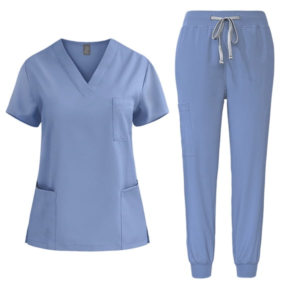 Amzcrzy Scrubs for Women Set V Neck Short Sleeve Scrubs Tops Jogger Pants Scrub Sets for Woman Casual Stretch Solid Color Scrubs Sets with Pockets