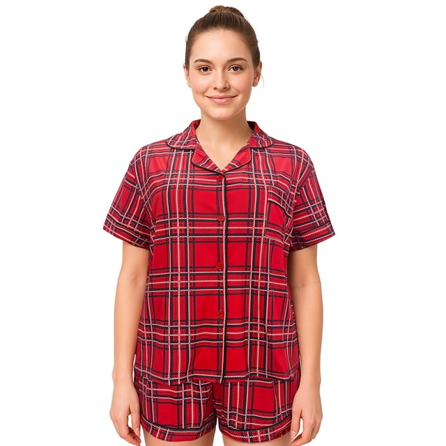 Hitime Christmas Womens Pajamas Set Button Down Silk Sleepwear Short Sleeve Breathable Nightwear Loungewear Set, Size XL