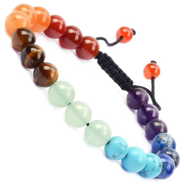 Natural Healing Power Gemstone Crystal Beads Unisex Adjustable Macrame Bracelets 8mm,7-Chakra Stones