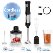 WHALL Cordless Immersion Blender, Rechargeable 5-in-1 Hand Blender with Whisk, Milk Frother Attachments, Portable Stick mixed,700ml Beaker, 500ml Chopper