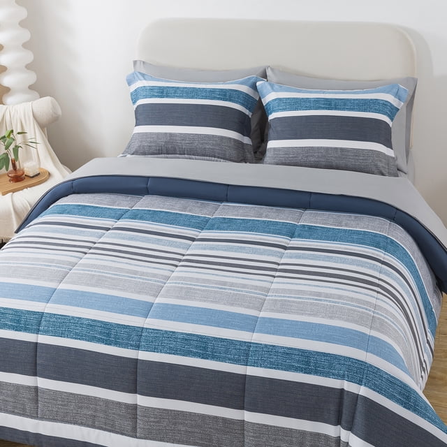 Mainstays 7-Piece Blue Stripe Bed in a Bag, Queen