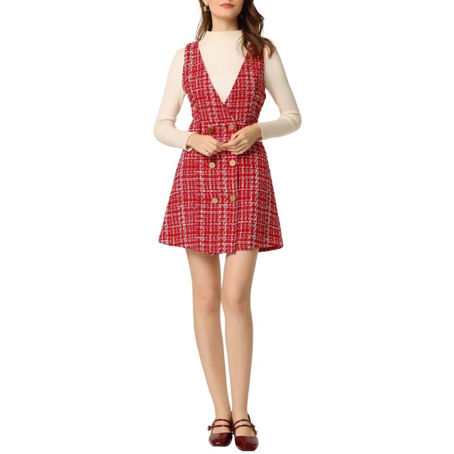 INSPIRE CHIC Robe Salopette de Bureau Taille Haute en Tweed à Carreaux à Boutons et Col en V pour Femme P Rouge