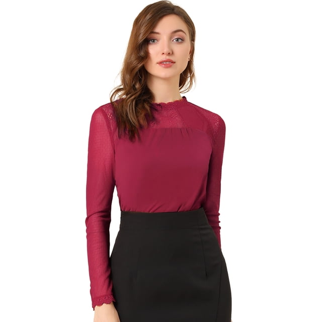 INSPIRE CHIC Haut à Manches Longues en Mousseline à Col Rond en Dentelle Florale pour Femme