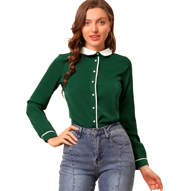 INSPIRE CHIC Women's Button Up Doll Collar Long Sleeve Work Shirt Green XL