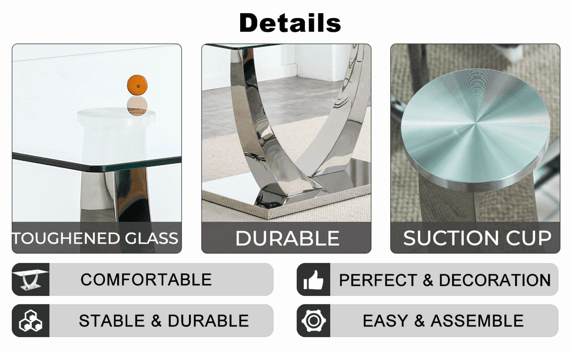 Table de salle à manger rectangulaire moderne Noble House 160 cm, plateau en verre trempé 1 cm d'épaisseur, argent