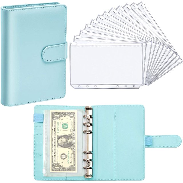 PU Leather Notebook Binder Budget Planner Binder Cover with 12 Pieces Binder Pocket Personal Cash Budget Envelopes System 6 Hole Binder Zipper Folder(Blue)