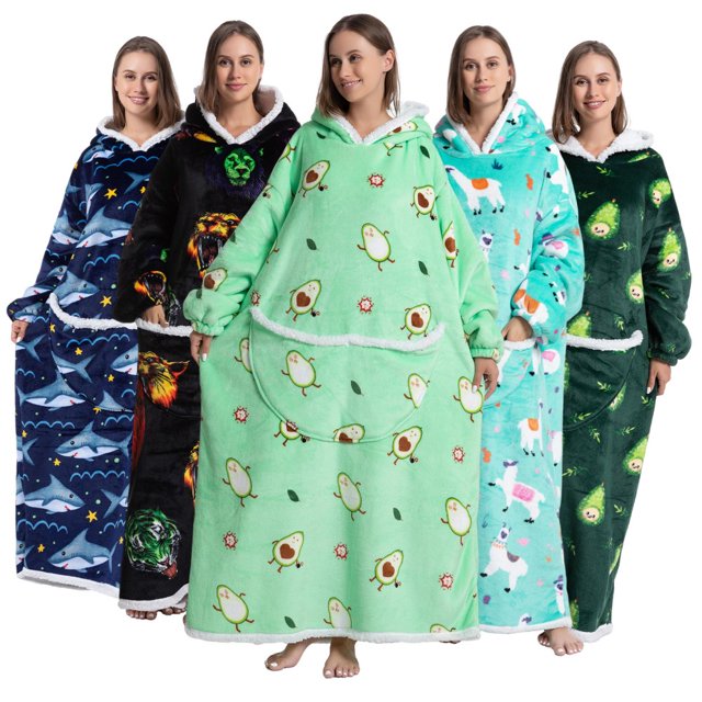 Blanket Hoodie Robe With Giant Pocket Lamb Lined Design For Spring Winter Fall Sleeping Wear