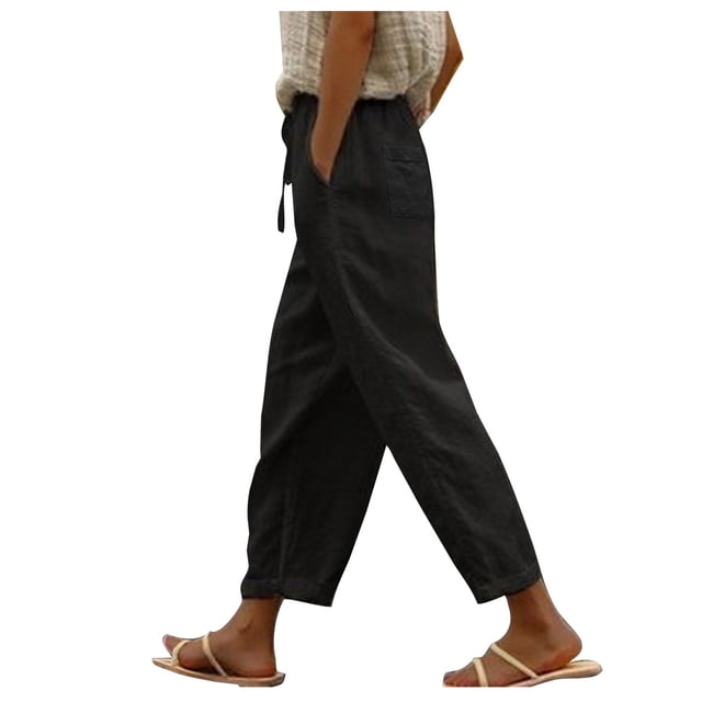 Diufon Cotton Linen Womens Pants Solid Color Lounge Pants High Waist Drawstring Pants with Pockets