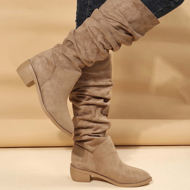 EGNMCR Knee High Boots Women's Fall Winter Flock Solid Color Long Boots Middle Heels Boots Pointed-Toe Knee High Boot