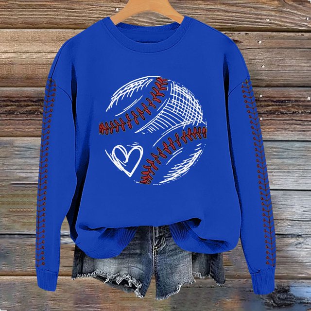 IMENGL Spring baseball print crew neck hooded sweatshirt long, Blue XL, Size M-2XL