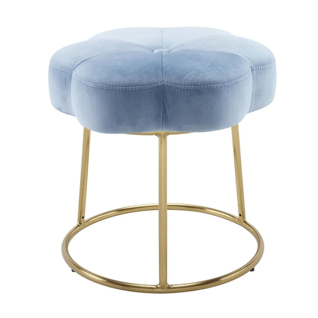 Sabine Accent Vanity Stool in blue with a plush velvet floral-shaped padded seat and gold-plated round tubing base, 17.75 inches high, ideal for kitchen and dining seating or as a vanity stool, also suitable for use as a decorative accent seat.