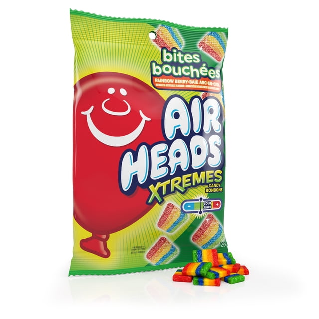 AIR HEADS AIRHEADS BITES XTREM candy bag with green and yellow background featuring a large red smiling balloon logo, displaying multicolour rainbow sour chewy candy bites in front, highlighting fruity flavors like strawberry and blue raspberry in a 208g package ideal for sharing or snacking on the go.