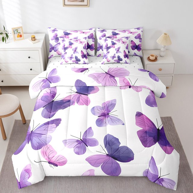 YST,Butterfly Collection, Ensemble de Douillette 7 Pcs avec Draps, Thème Butterfly Violet Pourpre, 7 Pcs, Double
