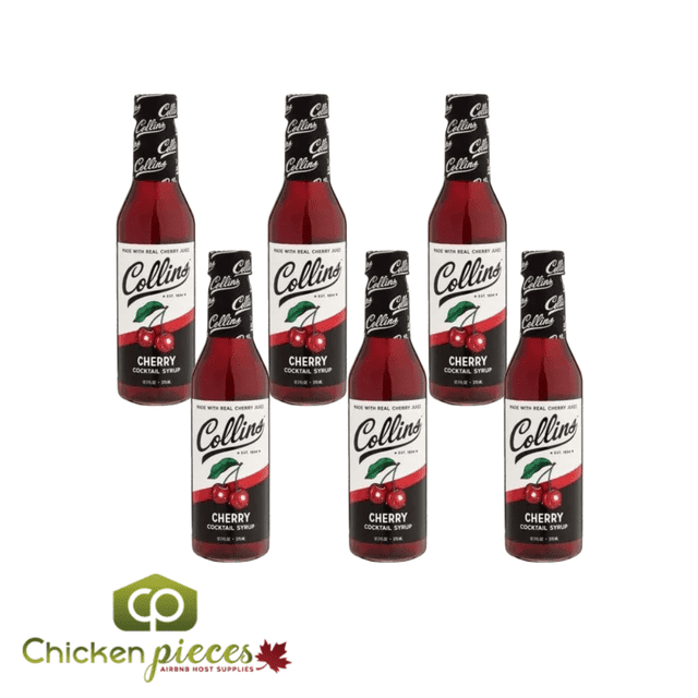 Collins Sirop de Cocktail à la Cerise, Bouteilles de 12 Oz/354 ml Organisées en Ensemble de six. Chaque Bouteille Présente un Riche Sirop de Cerise Rouge avec une Étiquette Noire et Blanche Affichant le logo de la Marque Collins, des Graphiques de Cerise et des Détails sur les Produits. Convient aux cocktails, mocktails, sodas Italiens et desserts, Offrant une Saveur de Tarte Sucrée.