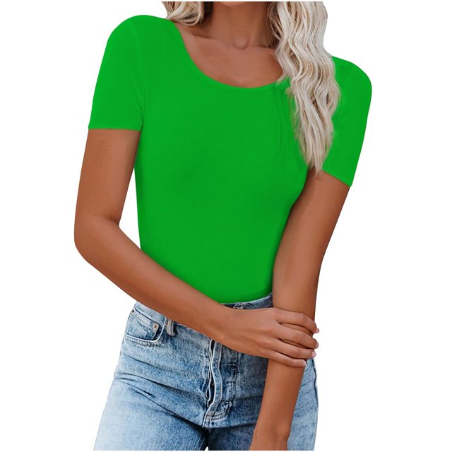 AherBiu Womens Tops Summer Short Sleeve Basic Tees Shirts Round Neck Slim Fitted Solid Color Tops