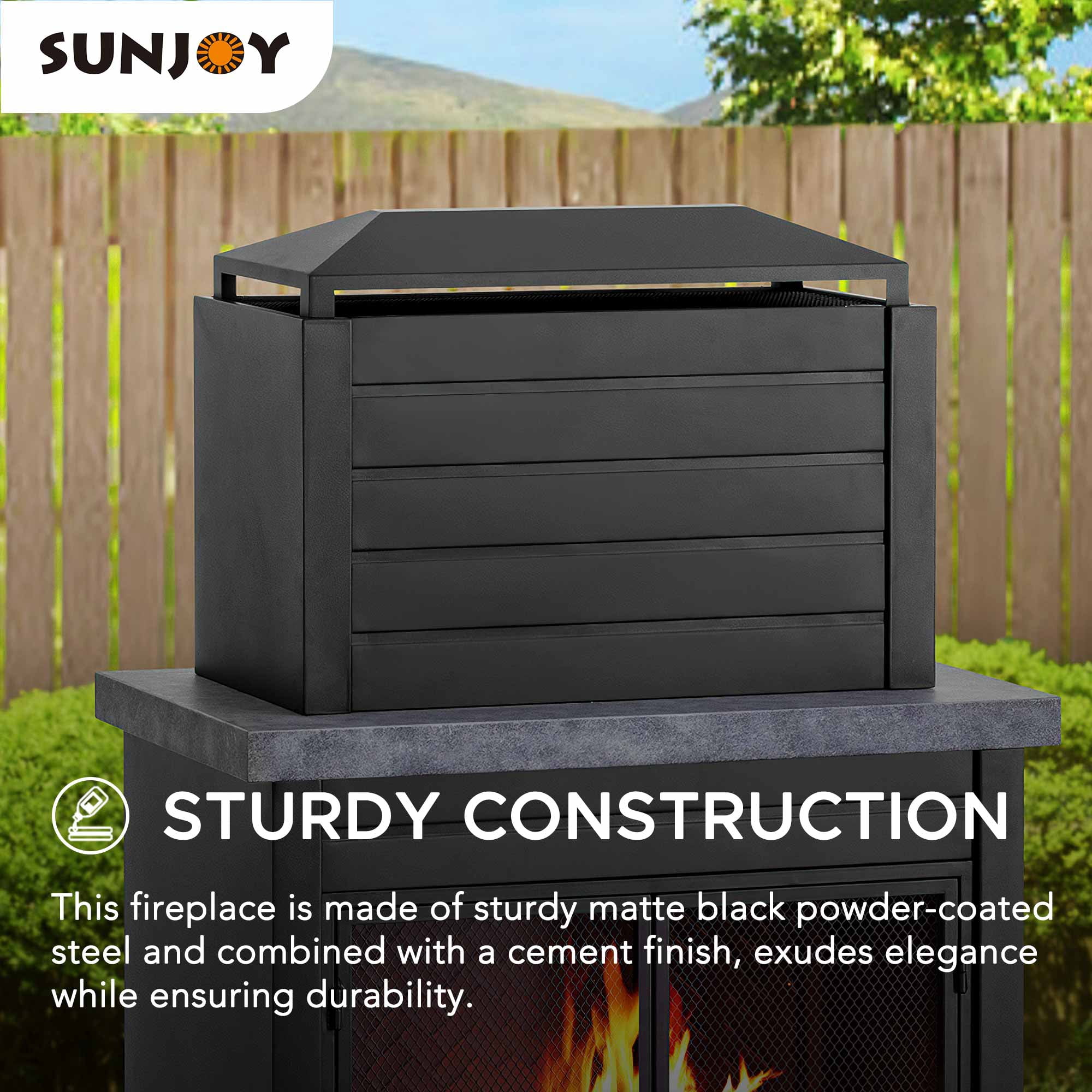Sunjoy Cheminée Foyer à Bois Extérieur en Acier Noir Mat avec Conduit, Supports à Bûches, Outil de Foyer et Housse en PVC
