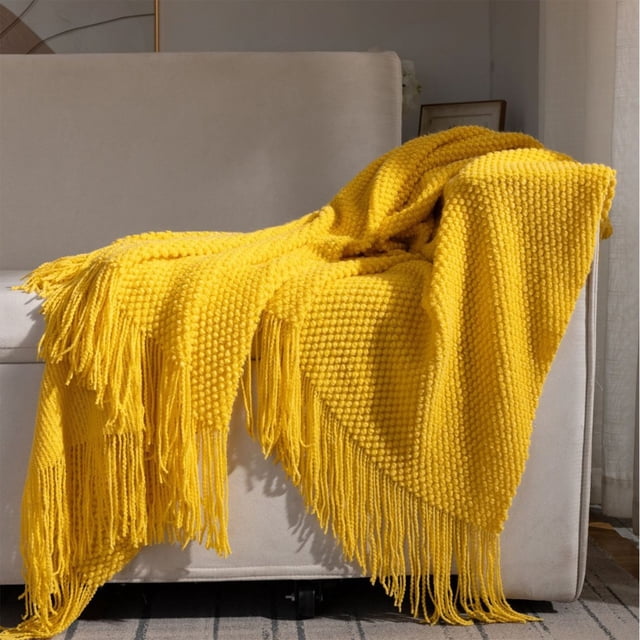 Meitianfacai Fringe Trim Throw Blanket with Simple Design, Lightweight Air Conditioning Blanket for Sofa, Bed and Nap Use in Soft Breathable Fabric (Yellow)