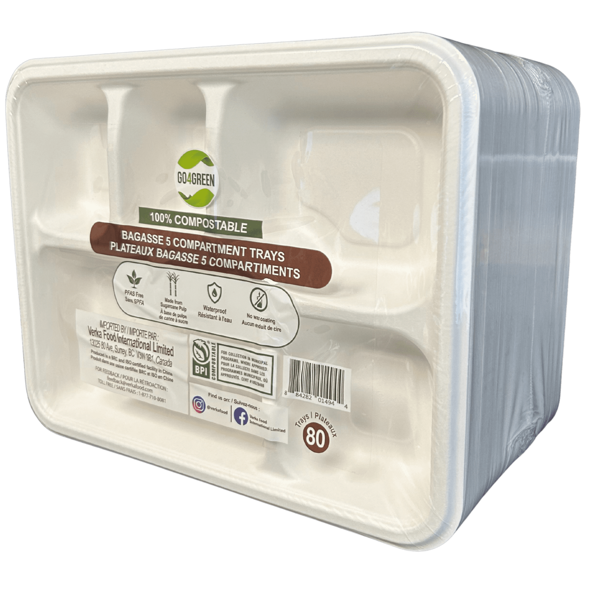 Go4Green Compostable 5-Compartment Trays, 80 Pieces
