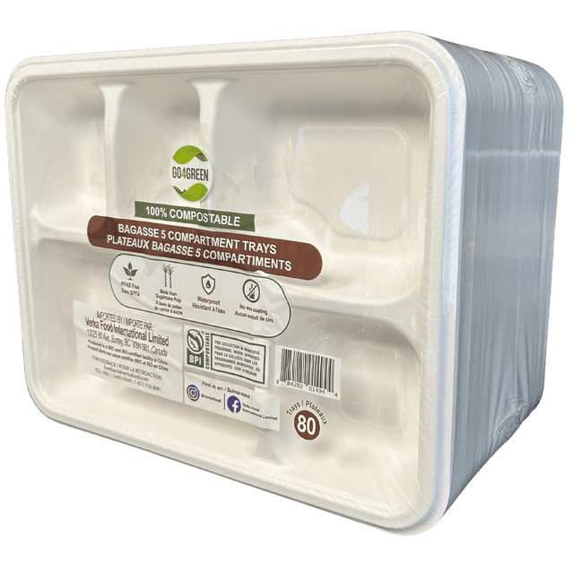 Go4Green Plateaux à 5 Compartiments en Bagasse, Assiettes Jetables 100 % Compostables Faites de Pâte de Canne à Sucre Renouvelable. Ce Lot de 80 Plateaux Présente Cinq Compartiments pour des Repas Organisés, Est Imperméable, Résistant à la Graisse et Convient au Compostage commercial au Canada.