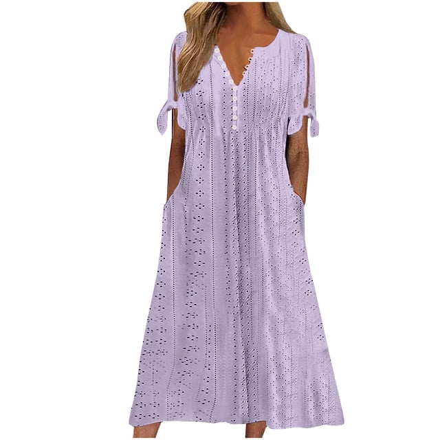 Penkiiy Robe Longue Maxi Bohème pour Femmes 2024 Tendance Robes Boho Col en V Robe de Plage Vacances Tenue Décontractée de Plage avec Poches P Violet