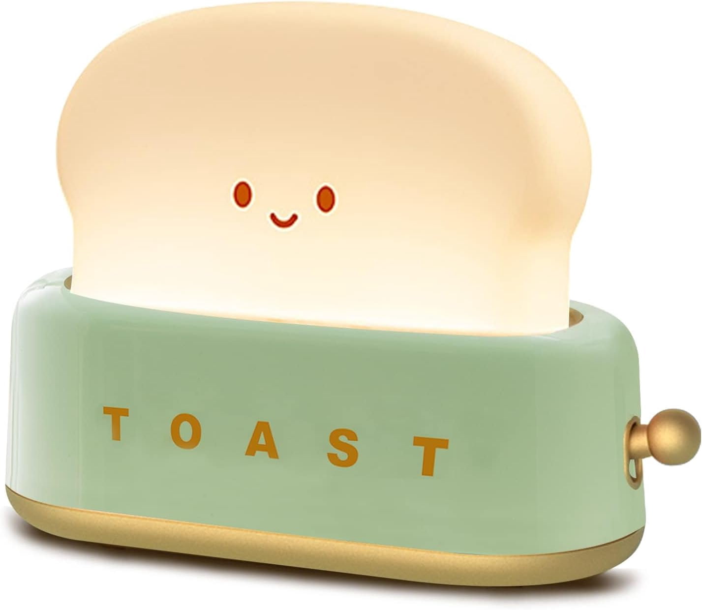 Desk toaster lamp, small rechargeable lamp, in the shape of a smiling toaster, cute toaster design.