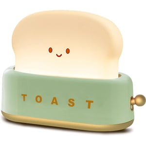 Desk toaster lamp, small rechargeable lamp, in the shape of a smiling toaster, cute toaster design.