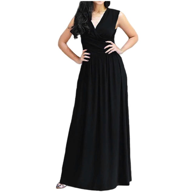 UPPADA 2025 Robes de Soirée Formelles pour Femmes Robe Maxi Cocktail Fête Col en V Sans Manches Invitée de Mariage Longue Robe Élégante Plissée Robes Amples Noir,G