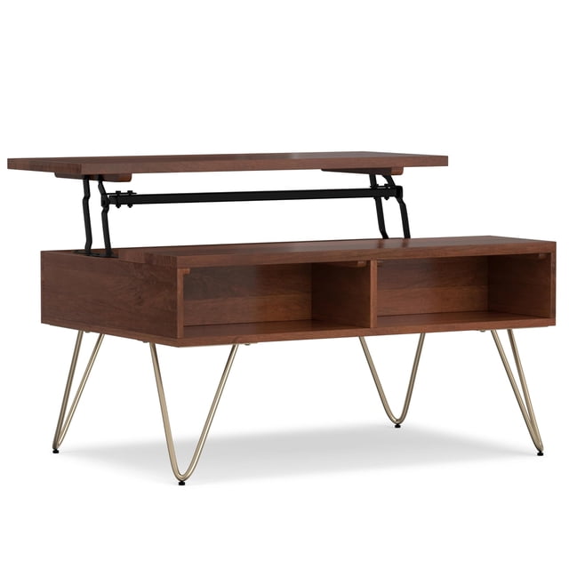 Simpli Home Hunter Table Basse à Plateau Relevable en Bois Massif, Brun Terre d'Ombre et Or