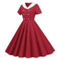 thumbnail image 1 of Robes Grande Taille Commerce Extérieur Col en V Manches Courtes Rétro Double Boutonnage Bouton Robe Maxi Rouge TTG, 1 of 4