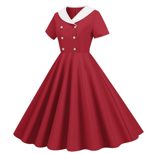 Robes Grande Taille Commerce Extérieur Col en V Manches Courtes Rétro Double Boutonnage Bouton Robe Maxi Rouge TTG