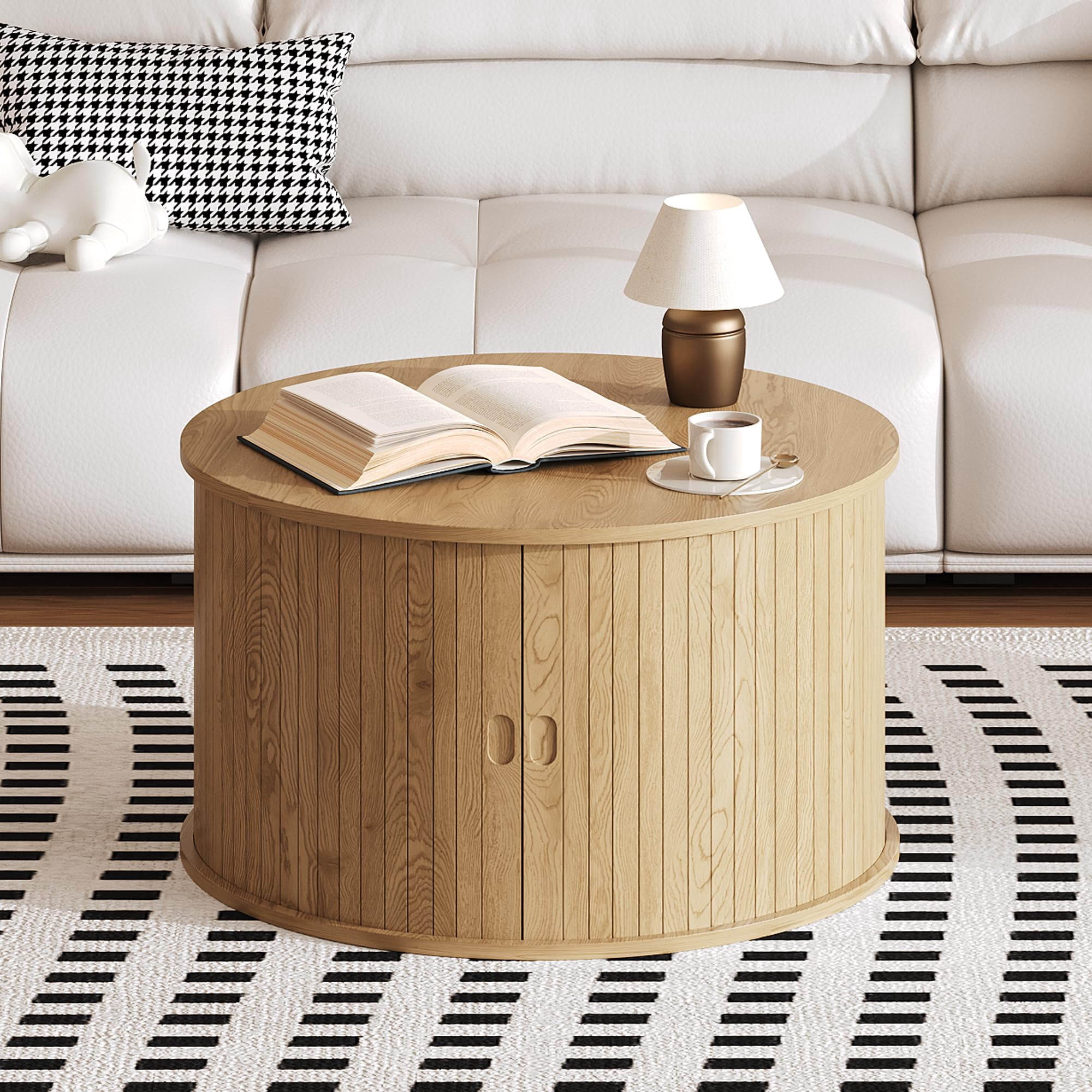 EDTara Table Basse Ronde de 28 Pouces, Base Cannelée Mi-Siècle Moderne avec Rangement Caché et Porte Tambour Coulissante