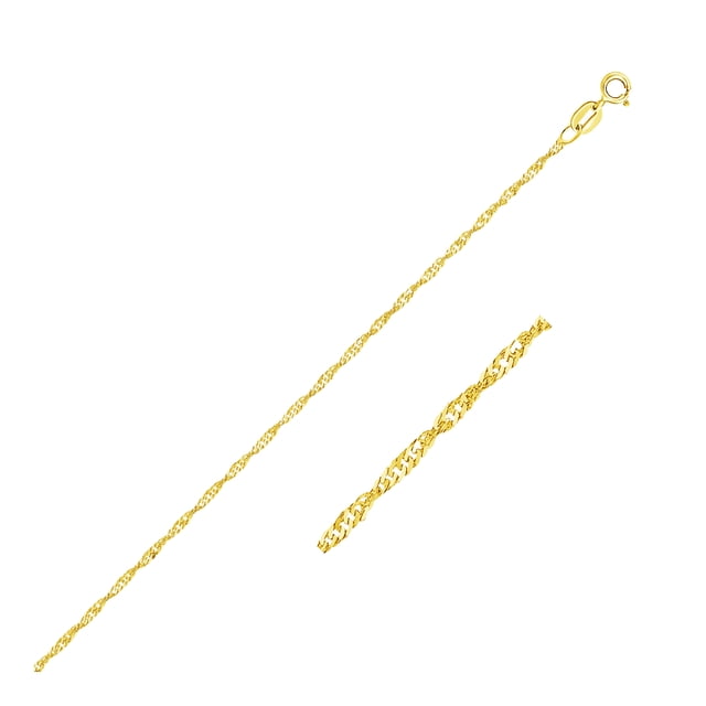 Collier Chaîne Singapour en or Jaune 14k avec une Largeur de 1,5 mm et un Fermoir Anneau à Ressort, Mesurant 20 Pouces de Longueur. la Chaîne Présente un design Torsadé et Complexe et Est Exposée en Gros Plan pour Mettre en Valeur Sa texture et Son Savoir-Faire. Convient au Port Quotidien Ou à Superposer avec d'Autres Colliers.