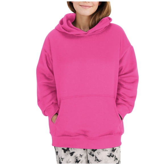 aohooy Womens Hooded Sweatshirt Long Sleeve Fall Winter Hoodies Basic Solid Color Plain Pullover Sweater Hoodie with Pocket Hot Pink,S