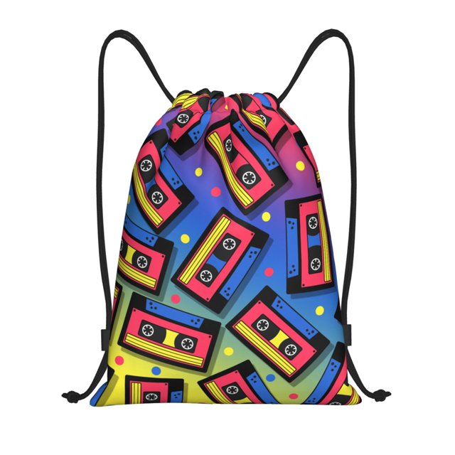 Xecao Vintage Audio Cassettes Pattern Sports Drawstring Backpack - String Swim Gym Bag with Wet Proof Pocket for Women&Men-Medium